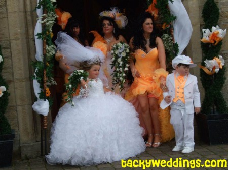 Tacky Wedding AllStar Minime bride and groom neon orange showgirl 